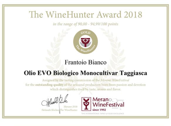 Gold Award Merano 2018 migliore olio biologico taggiasca 2018 Frantoio Bianco