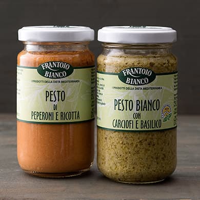 pesto peperoni e ricotta e pesto bianco con carciofi e basilico